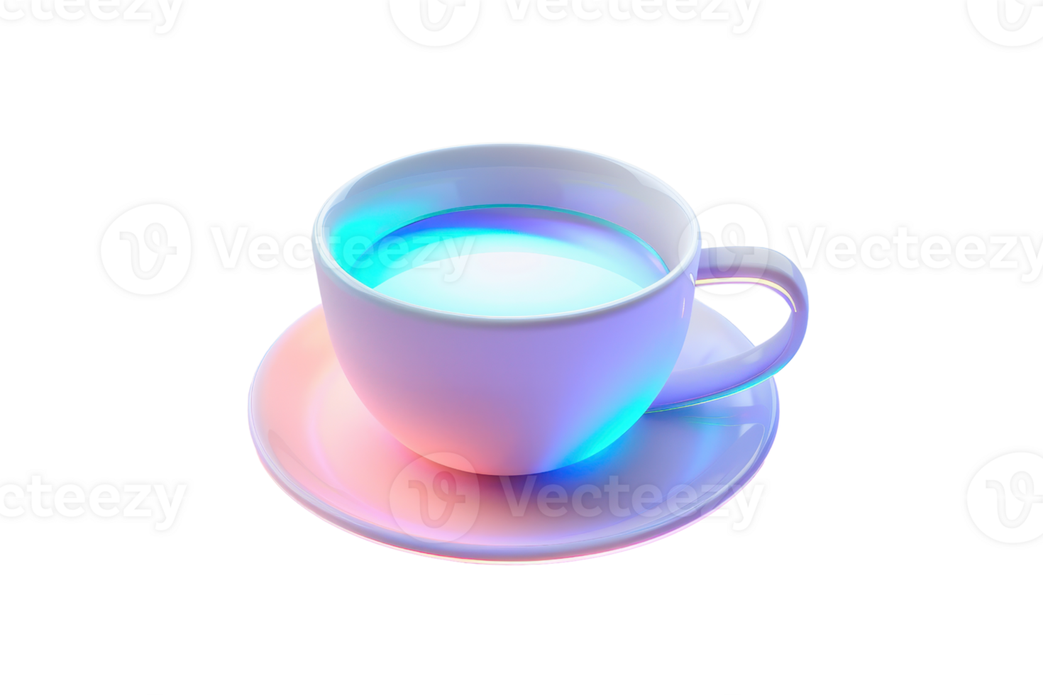 A vibrant, neon-lit coffee cup on a matching saucer, creating a futuristic and colorful beverage setting. png