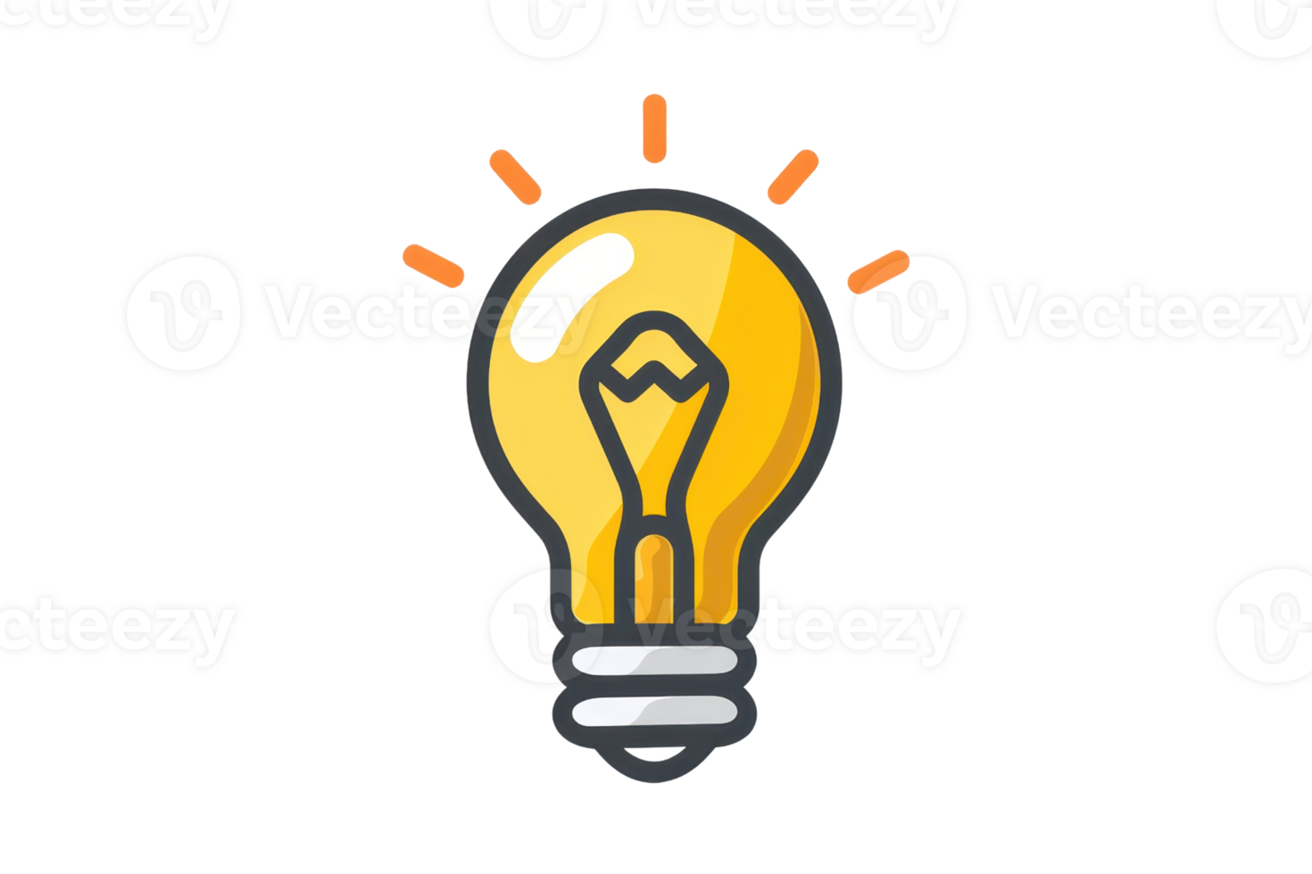 Cartoon lightbulb icon representing an idea, innovation, creativity, or inspiration. Bright yellow color with glowing light rays. png