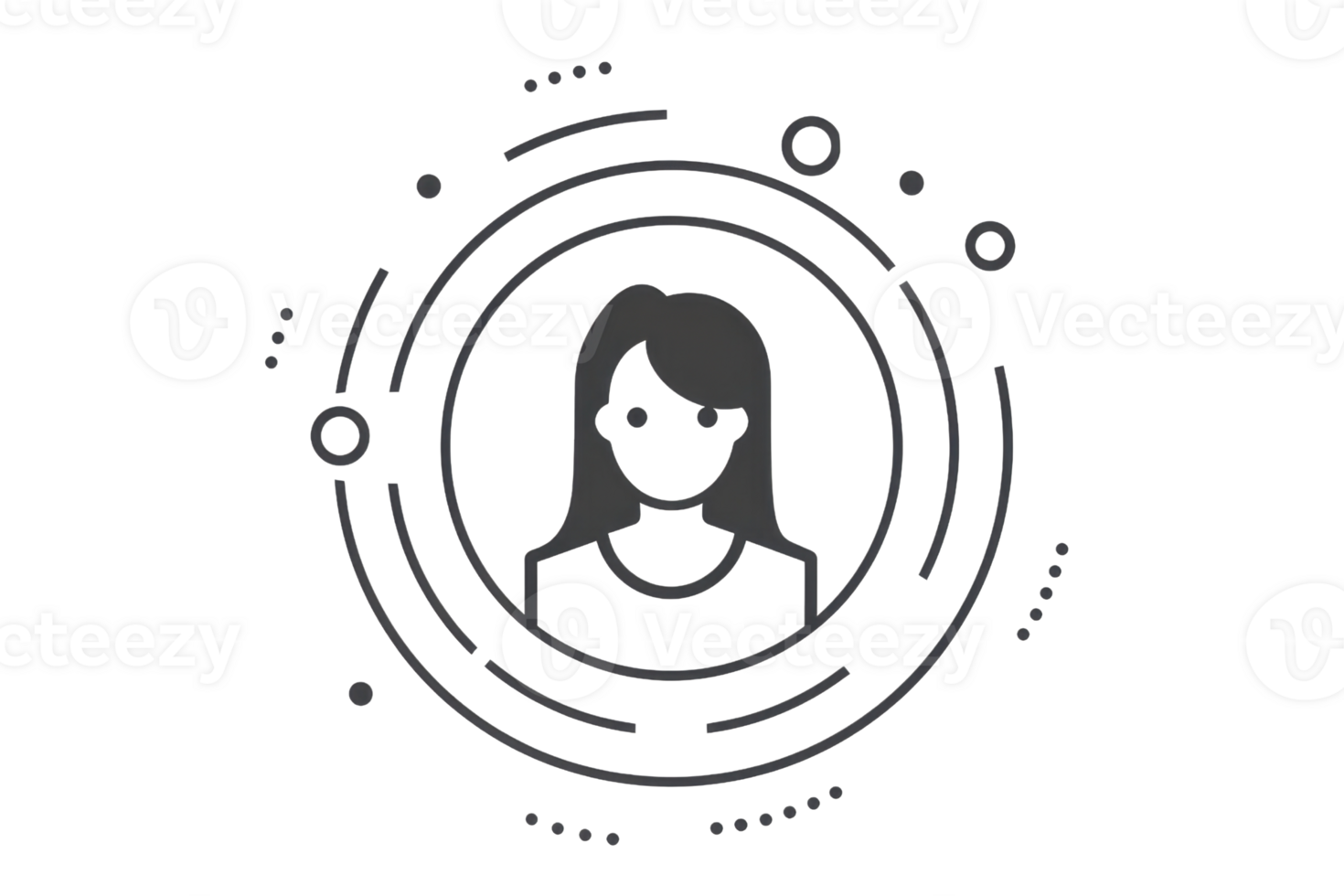 Minimalistic avatar icon of a woman surrounded by circular graphs and data elements, symbolizing modern technology and data analysis. png