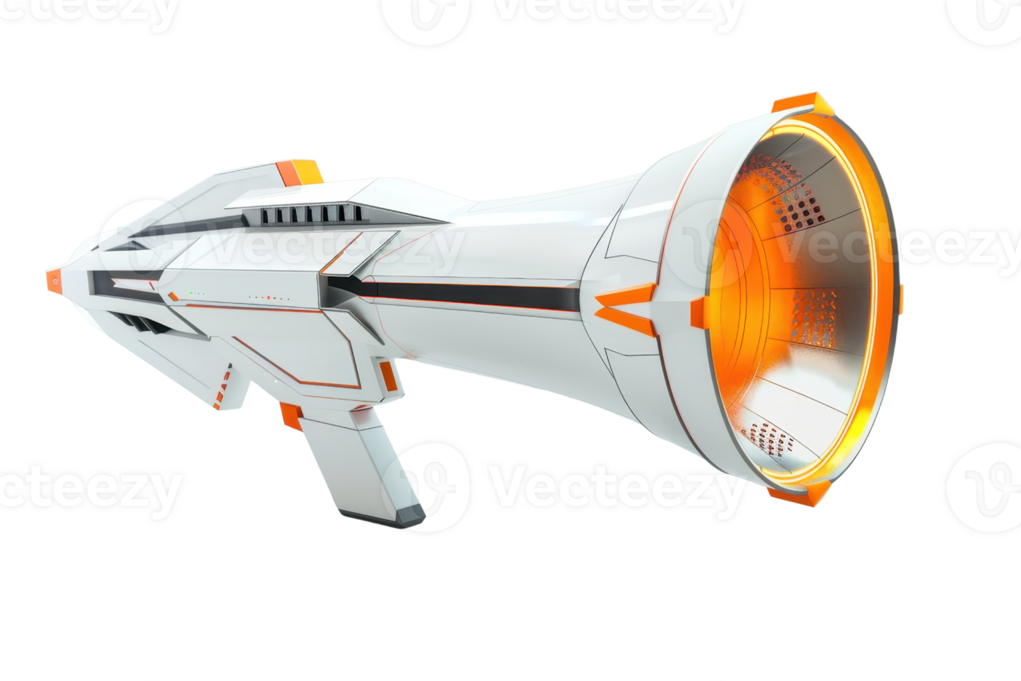 Futuristic sci-fi laser gun with sleek white and orange design, perfect for gaming and science fiction themes. png