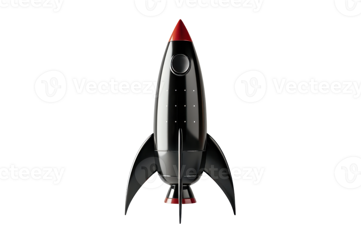 Sleek black rocket ship with red accents and fins, isolated on transparent background. Perfect for space, sci-fi, and futuristic themes. png