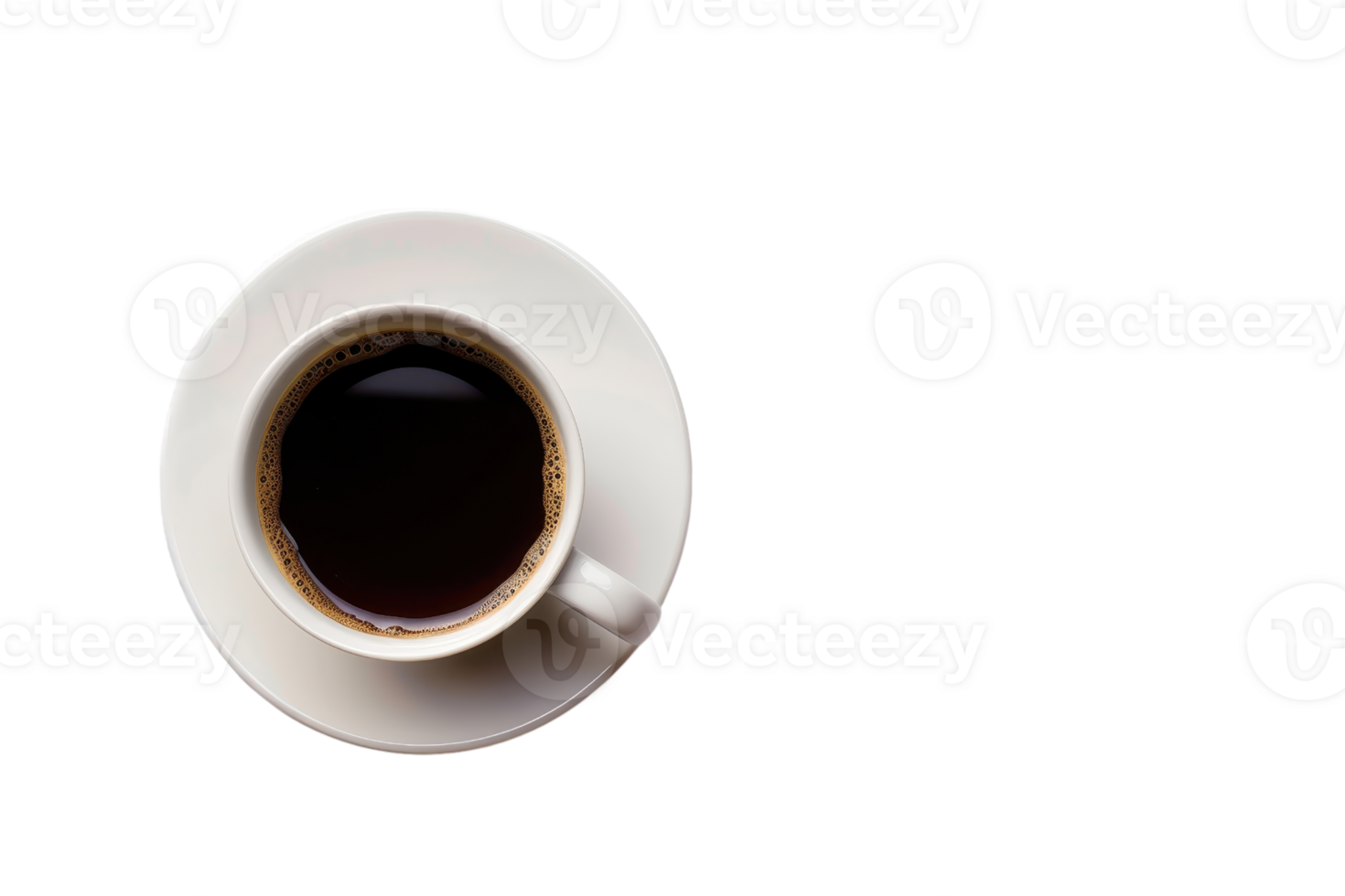 Top view of a white cup filled with black coffee on a white saucer, isolated on a transparent background. Perfect for morning beverage or cafe themes. png