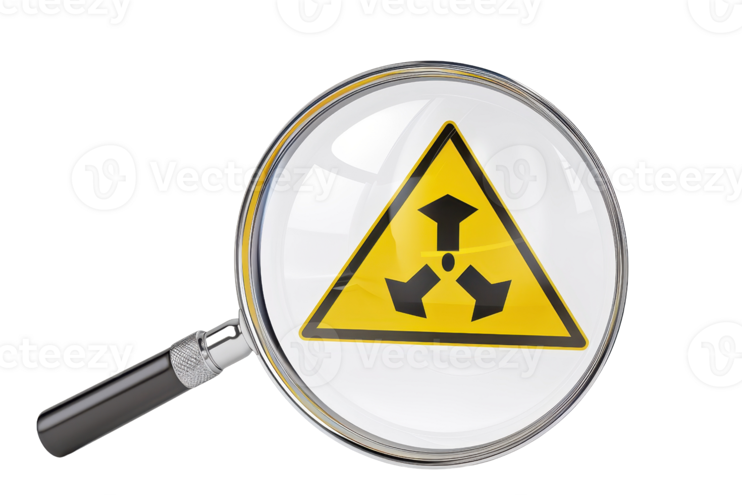 Magnifying glass highlighting a yellow caution sign with multiple arrows, suggesting risk and decision-making, isolated on transparent background. png