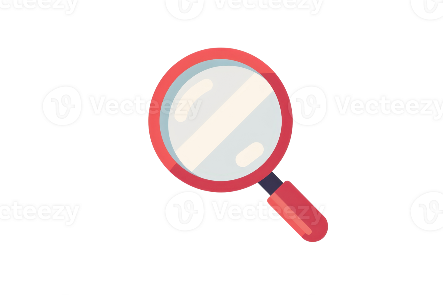 Illustration of a red-handled magnifying glass with a white lens, set against a transparent background. Perfect for search, discovery, or investigation themes. png