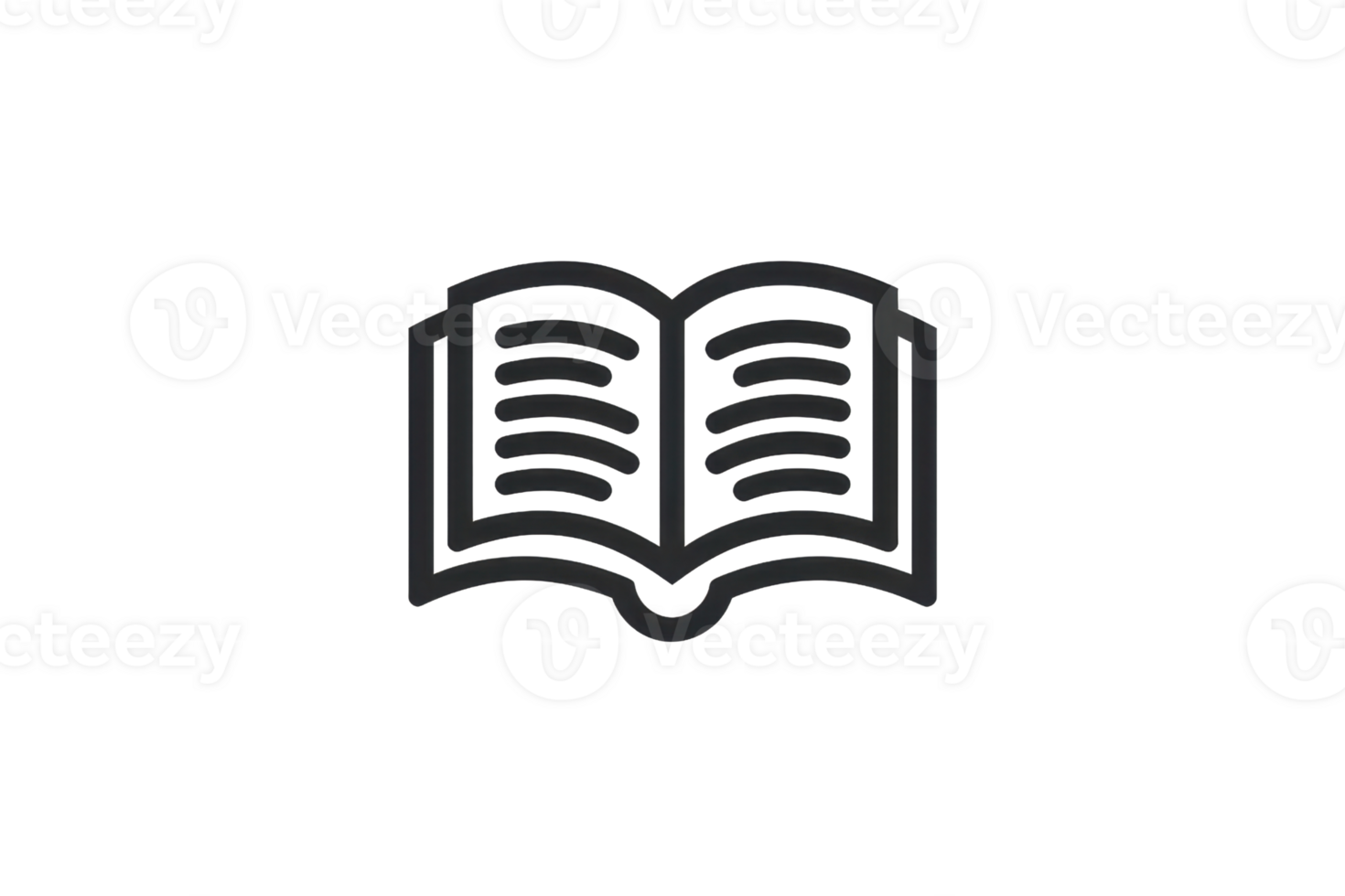 Minimalistic black and white icon of an open book, representing knowledge, learning, and education on a transparent background. png