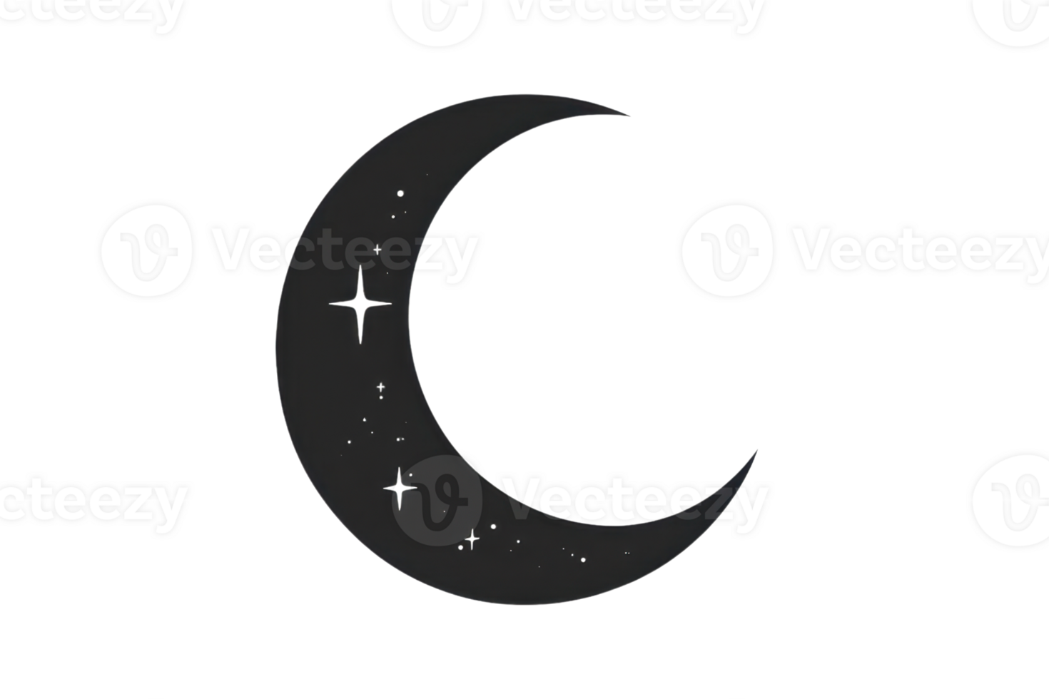 Minimalist black crescent moon with stars on a transparent background, perfect for night sky illustrations and astronomy-themed designs. png