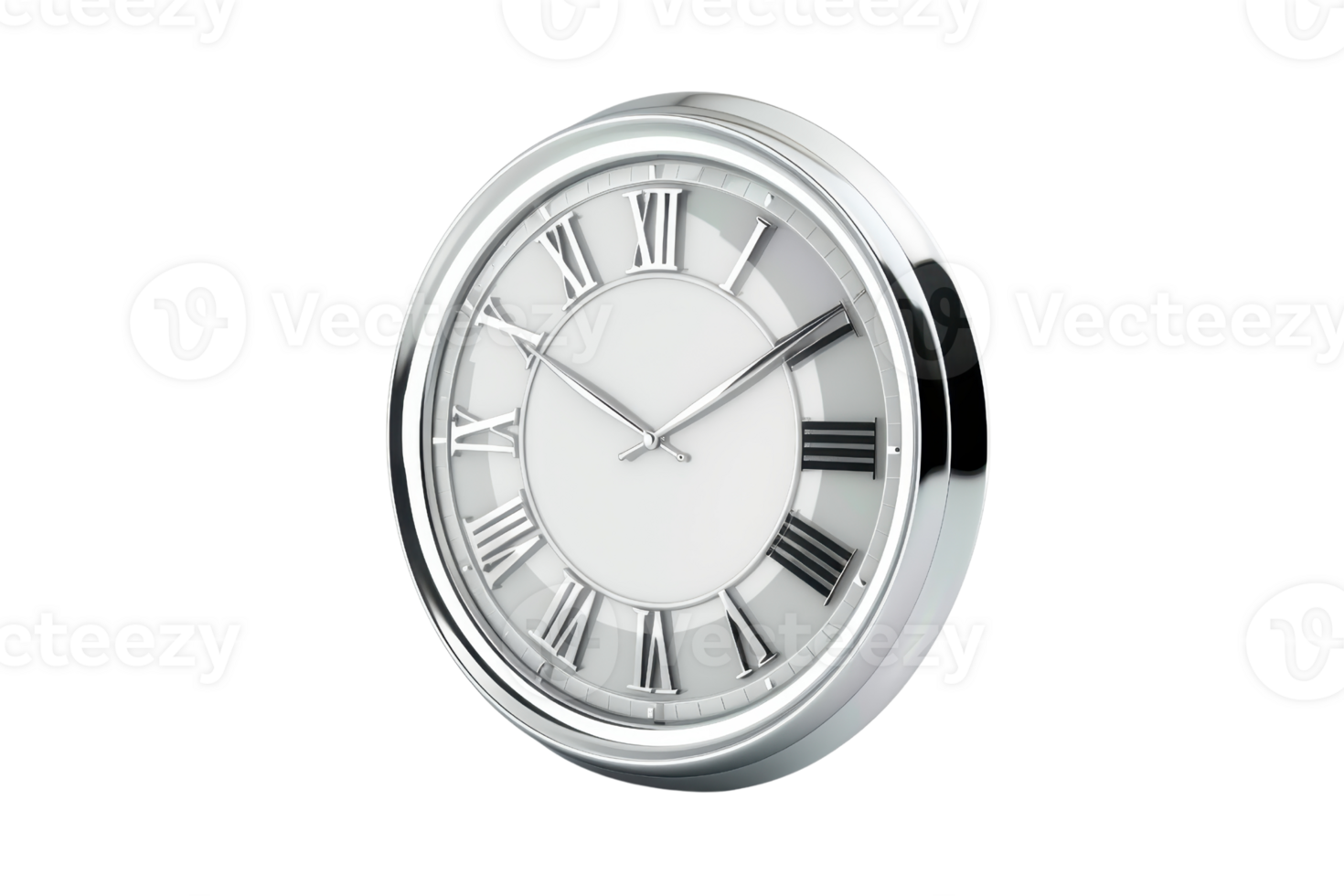 Elegant silver wall clock with roman numerals, isolated on transparent background. Ideal for home decor or office interior design. png