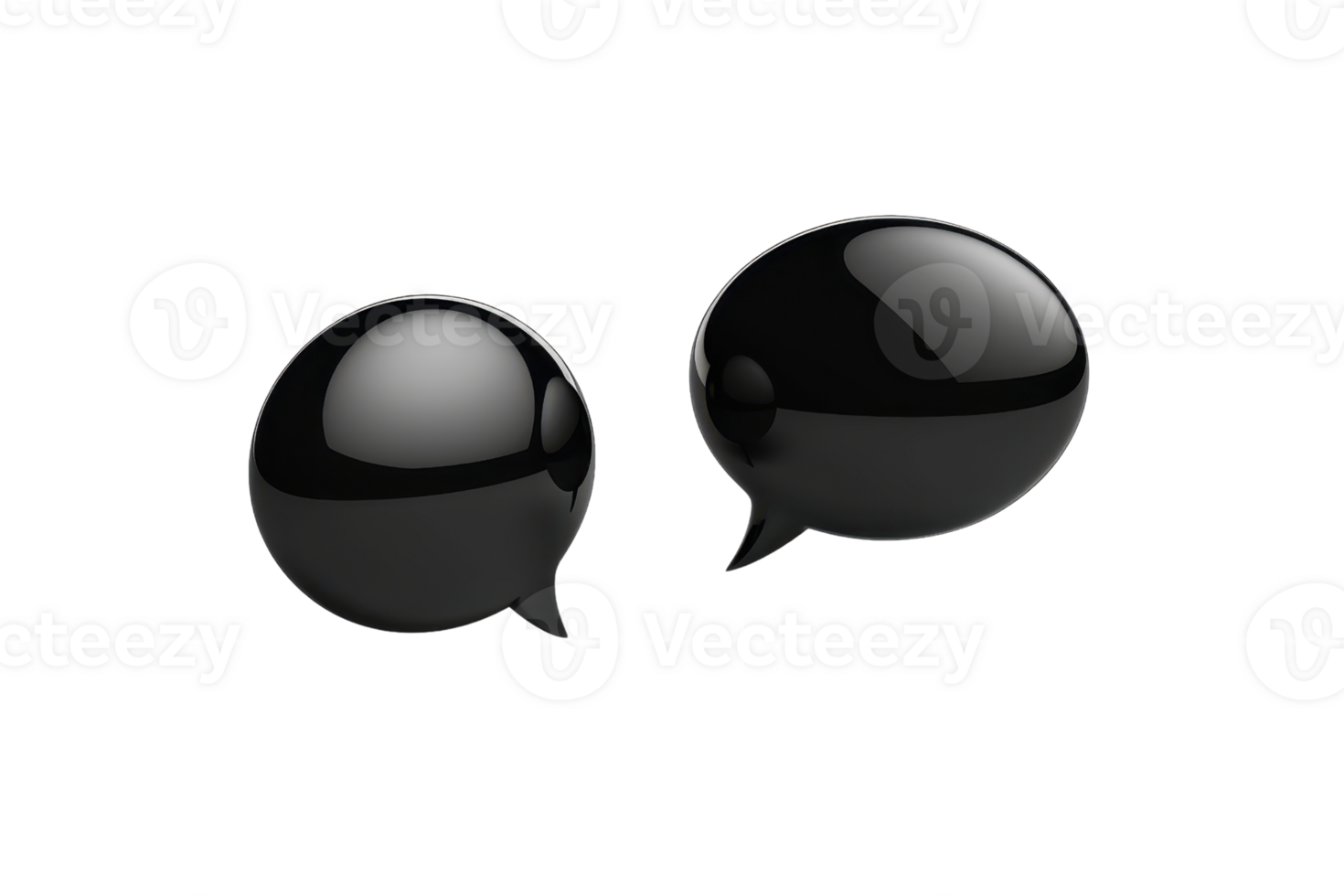 Glossy black 3D speech bubbles on a transparent background, perfect for communication, chat, and messaging design concepts. png