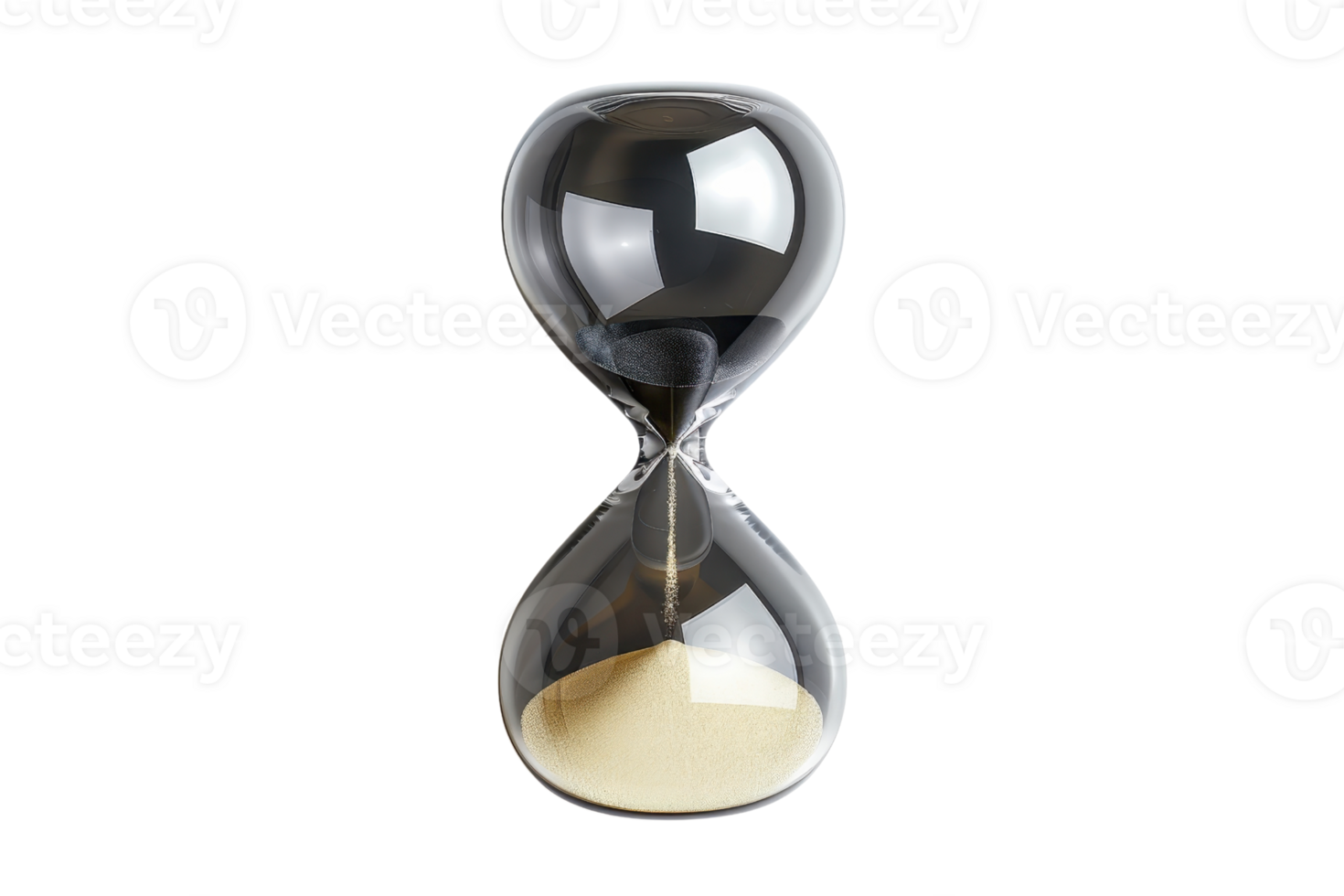 A transparent hourglass with black sand, symbolizing the passage of time with a modern and sleek design. png