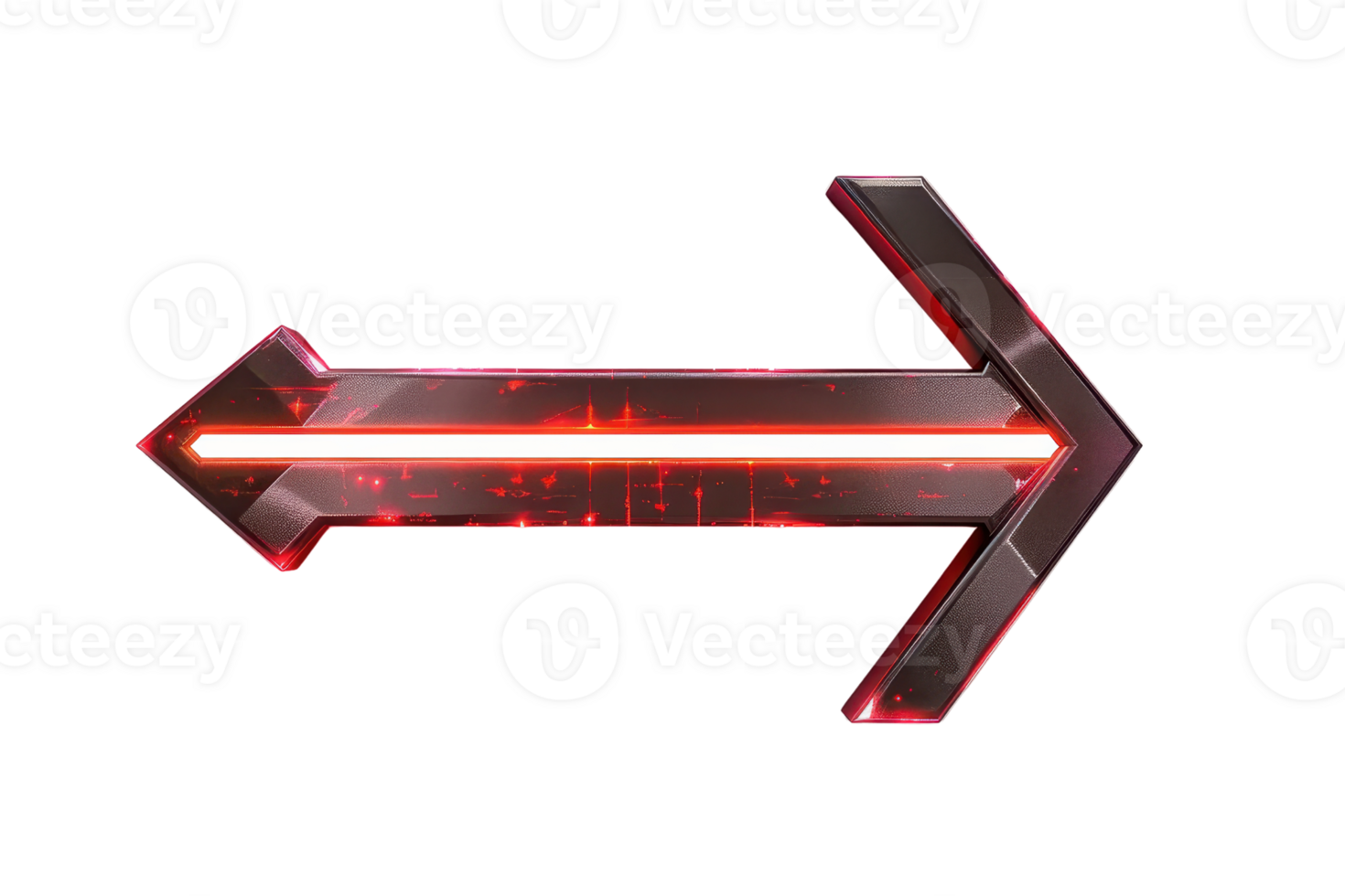 Futuristic neon arrow with glowing red accents pointing right, isolated on transparent background. Modern design element for user interfaces and graphics. png
