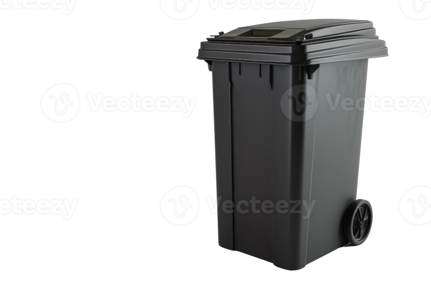 Black plastic trash can with wheels and lid isolated on transparent background. suitable for waste disposal and recycling purposes. png