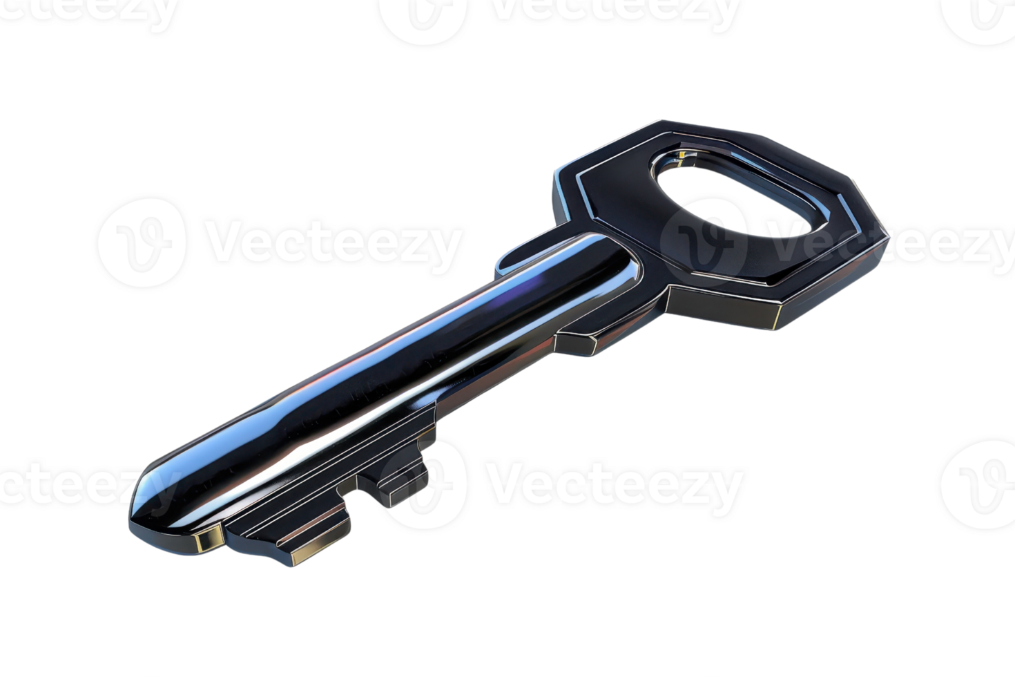 High-quality image of a metallic key with a shiny, reflective surface. Perfect for security, access, or technology-related themes. png