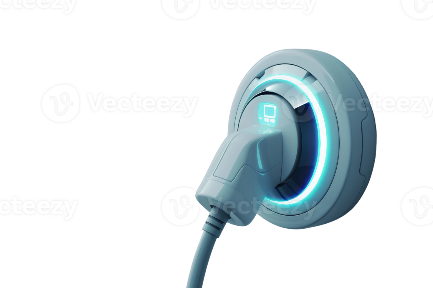 Close-up of electric vehicle charging station port with illuminated blue light, showcasing green energy and future transportation. png