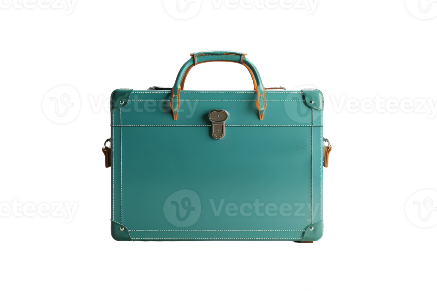 Elegant turquoise briefcase with brown leather handles and accents, perfect for business professionals and stylish office accessories. png