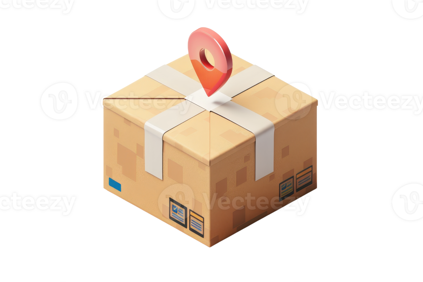 Cardboard box with location pin, delivery and shipping concept, isolated on transparent background. logistics and package tracking. png