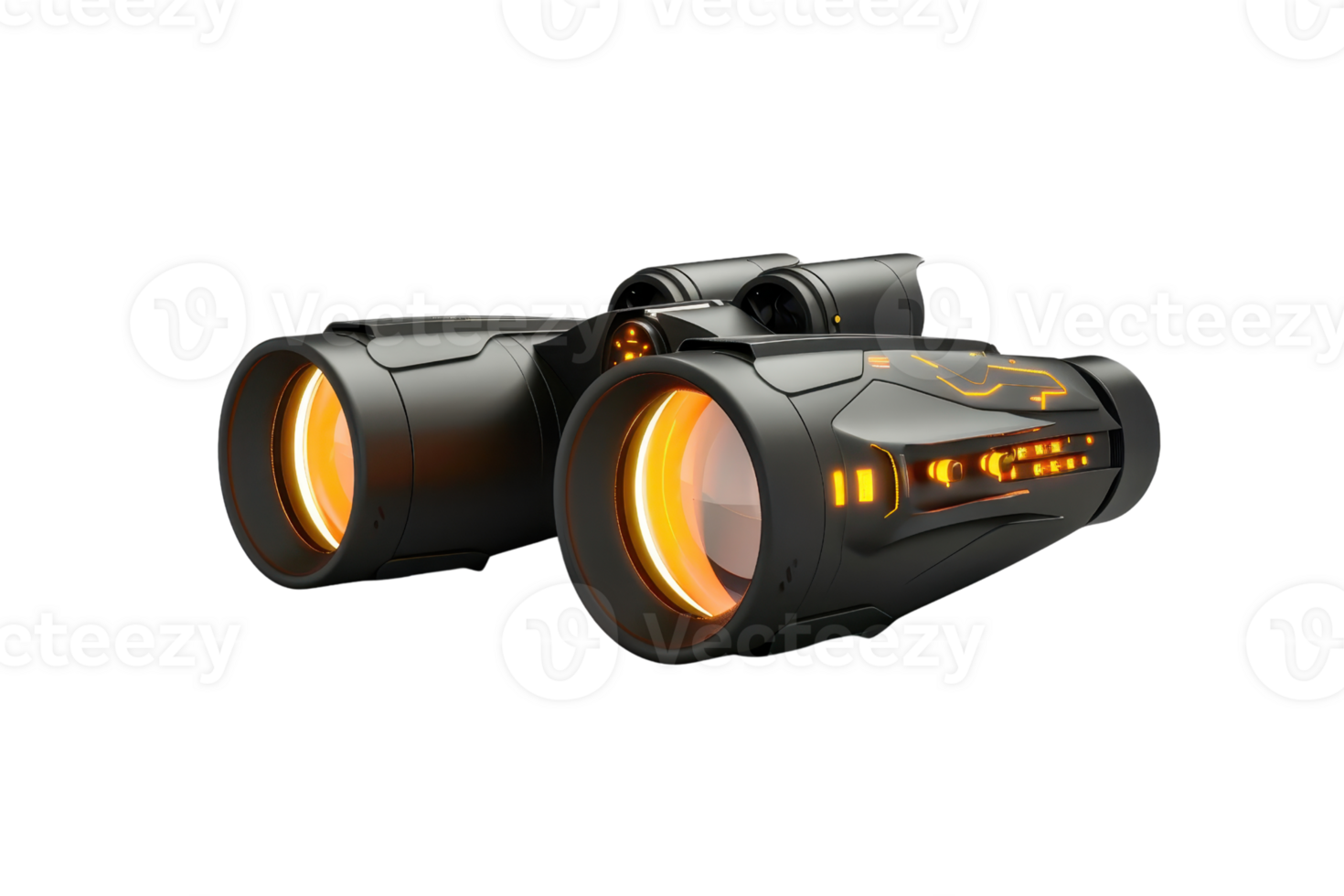 High-tech black binoculars with orange-glow details, isolated on a transparent background. perfect for technology and adventure themes. png