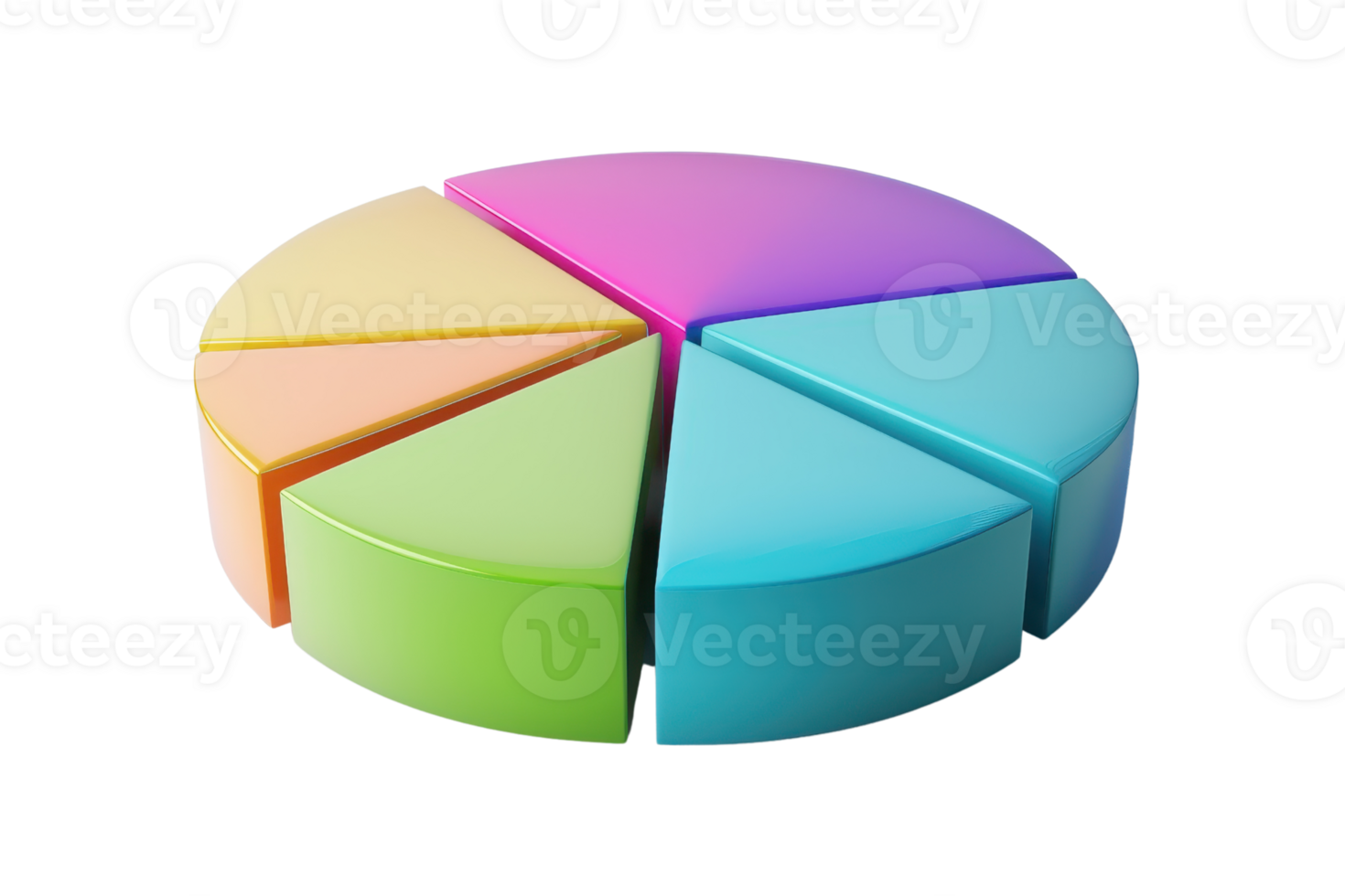 3D colorful pie chart illustration with six segments in various shades, ideal for data visualization and business presentations. png
