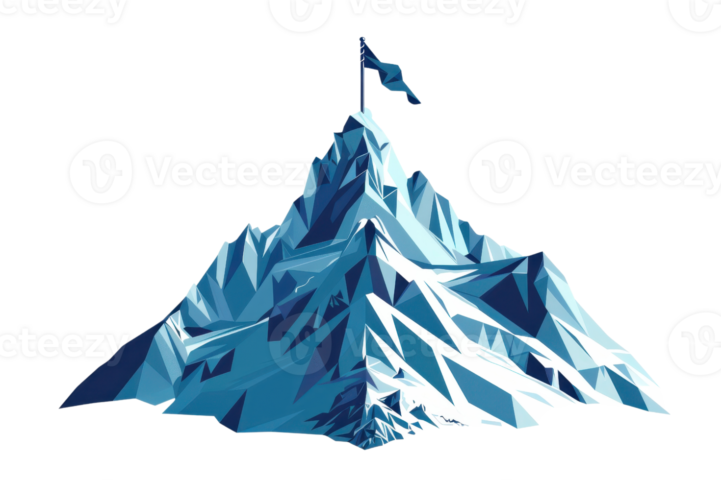 Low poly illustration of a mountain peak with a flag on top, representing achievement and success in a geometric art style. png