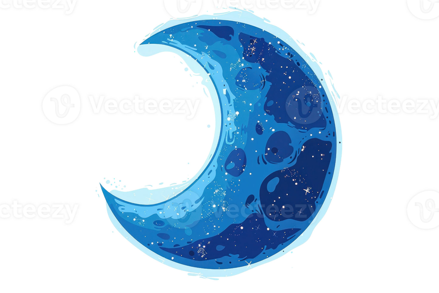 Artistic illustration of a crescent moon with vibrant blue hues and starry accents, symbolizing tranquility and cosmic beauty. png
