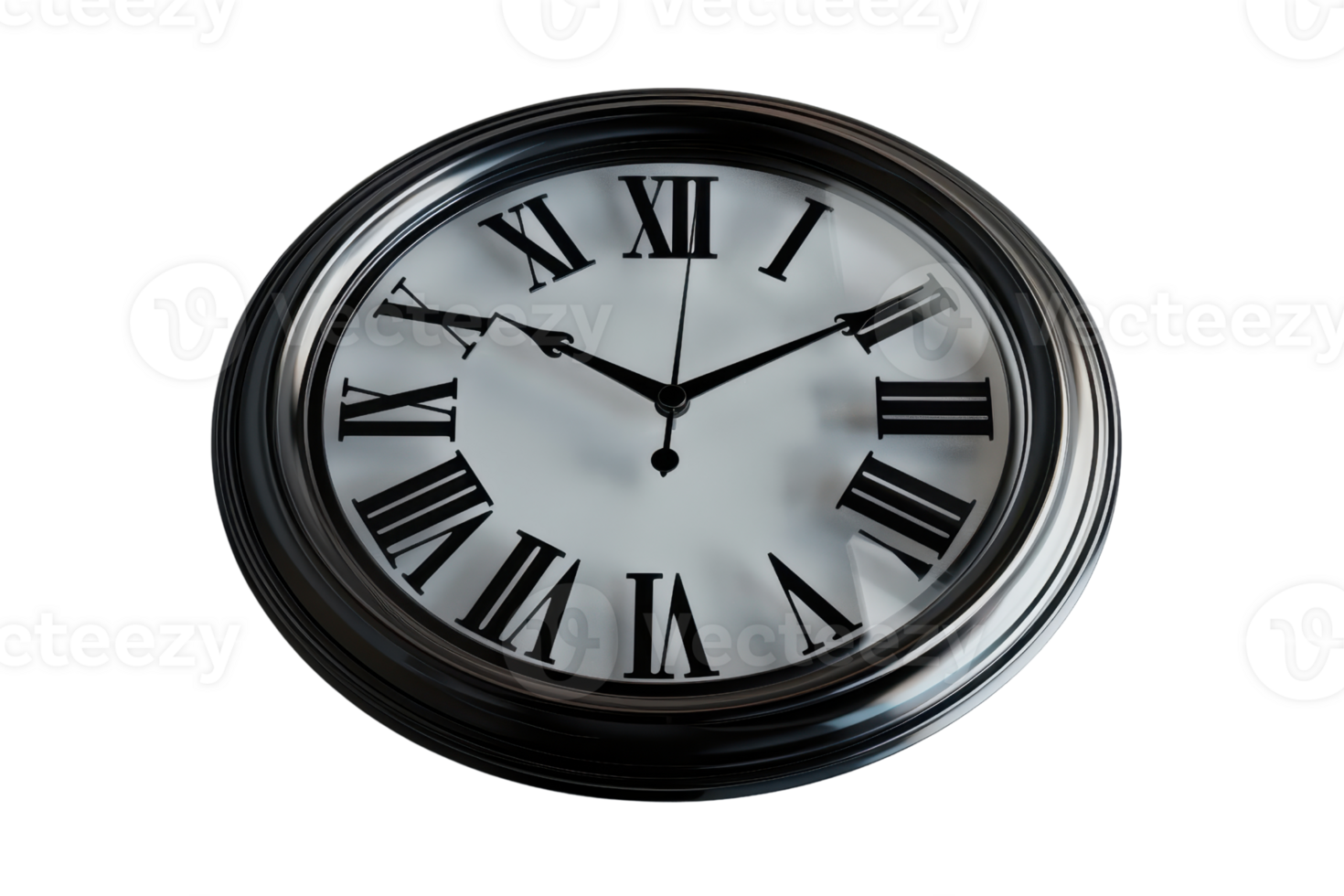 Analog wall clock with Roman numerals and elegant black frame. Classic timepiece for home decor, office, and time management. png