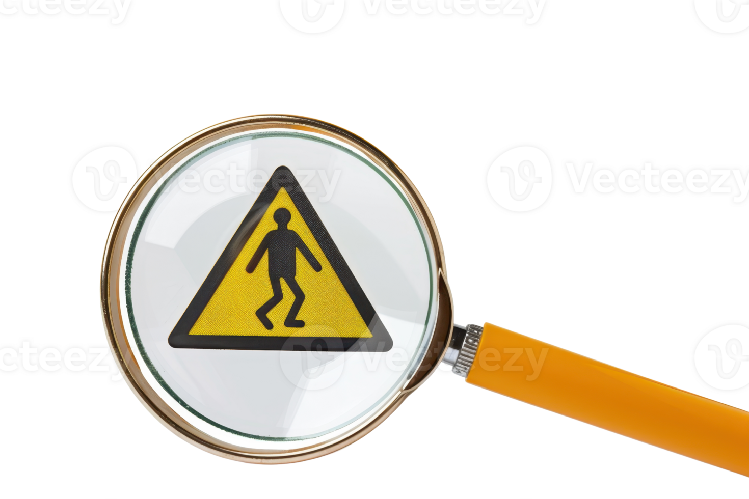 Magnifying glass highlighting a caution sign with a pedestrian symbol, emphasizing safety and hazard awareness. png