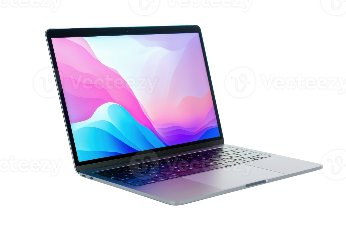 Open laptop displaying a vibrant screen with colorful hues, isolated on a transparent background. highlighting modern technology. png