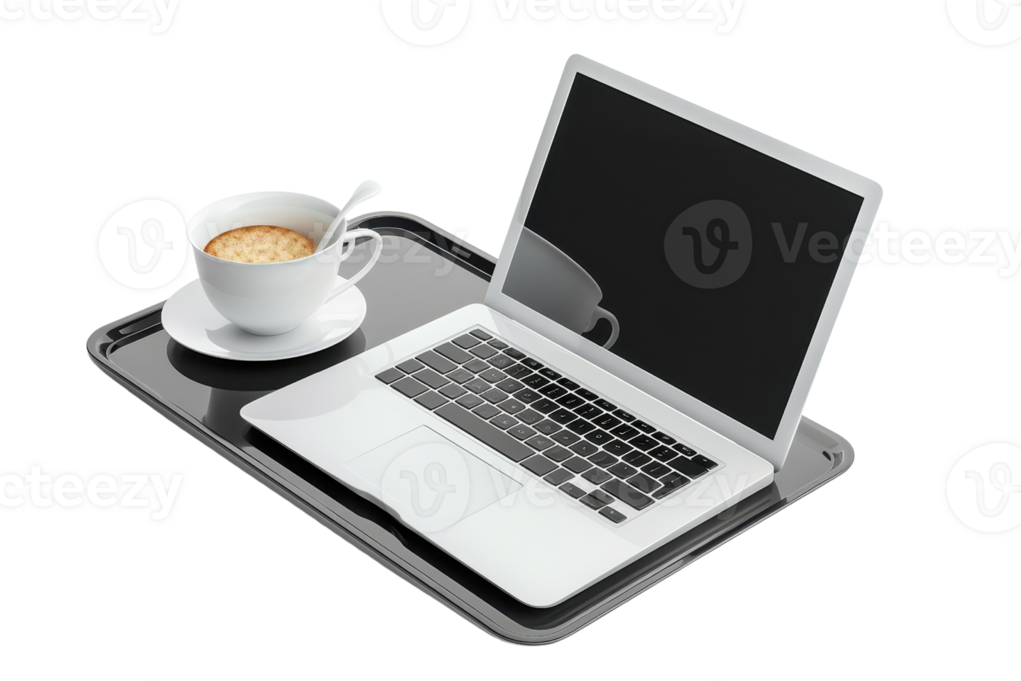 Laptop with coffee cup on black tray, perfect for online work, remote business, modern workspaces, or freelance activities. png