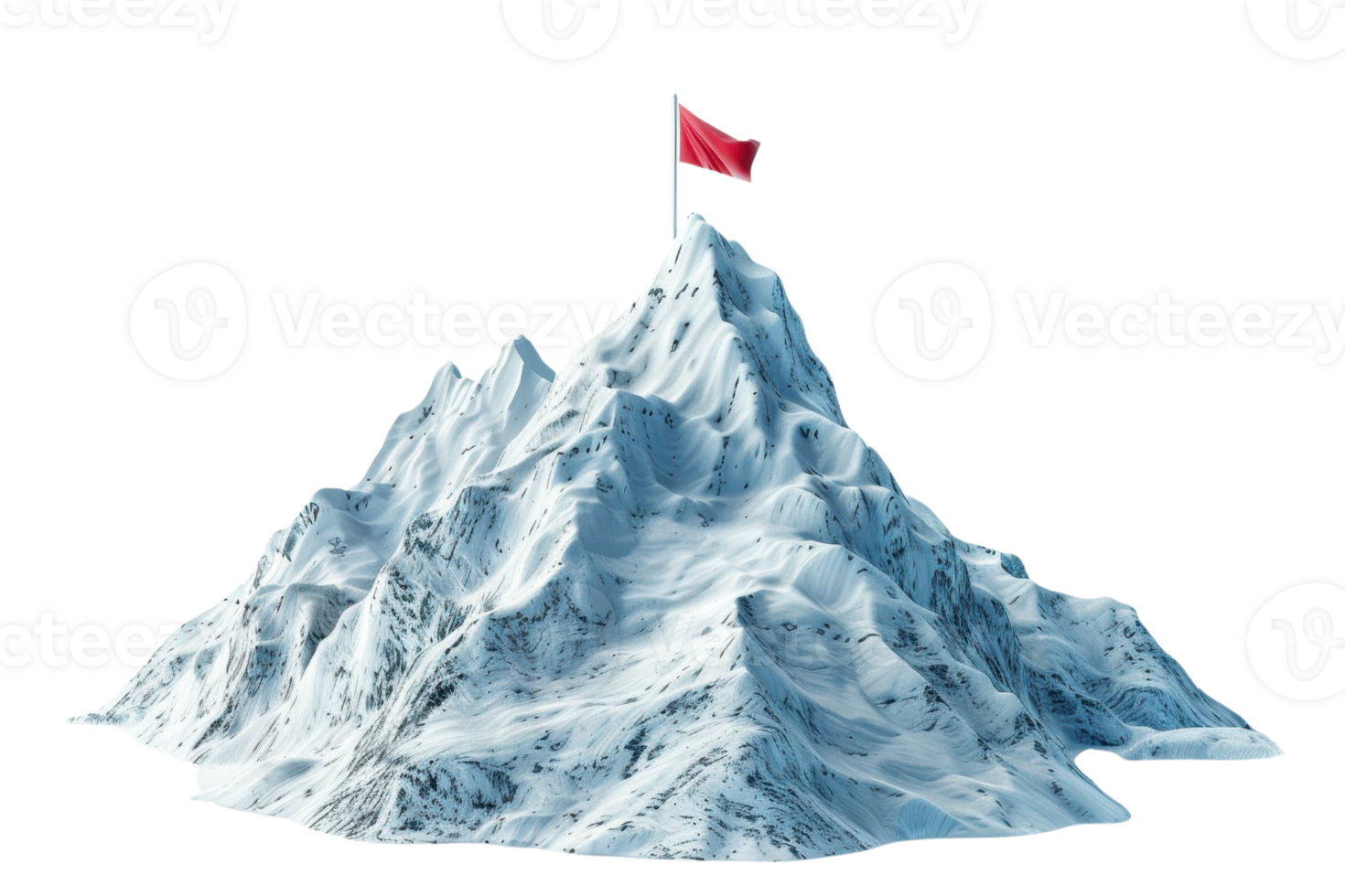 Snow-covered mountain peak with a red flag at the summit, symbolizing achievement and adventure. png