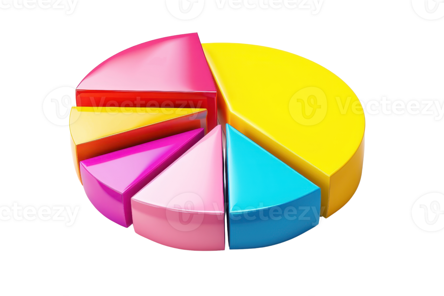 Colorful pie chart divided into multiple segments representing statistical data and business analysis for presentations and reports. png