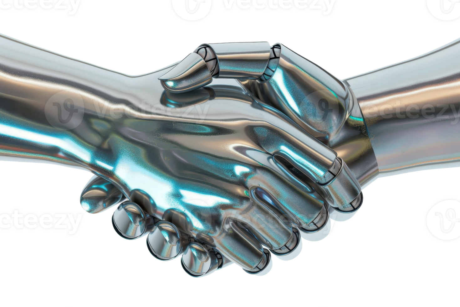Close-up of two metallic robotic hands shaking, symbolizing partnership and futuristic technology. 3D rendering in silver tones. png