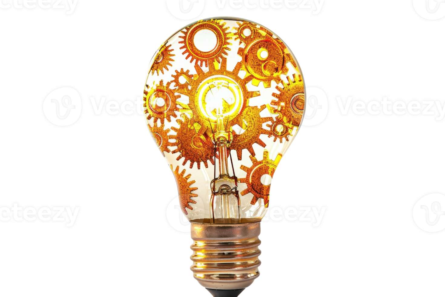 Creative light bulb with golden gears inside, symbolizing innovative ideas and mechanical technology, isolated on transparent background. png