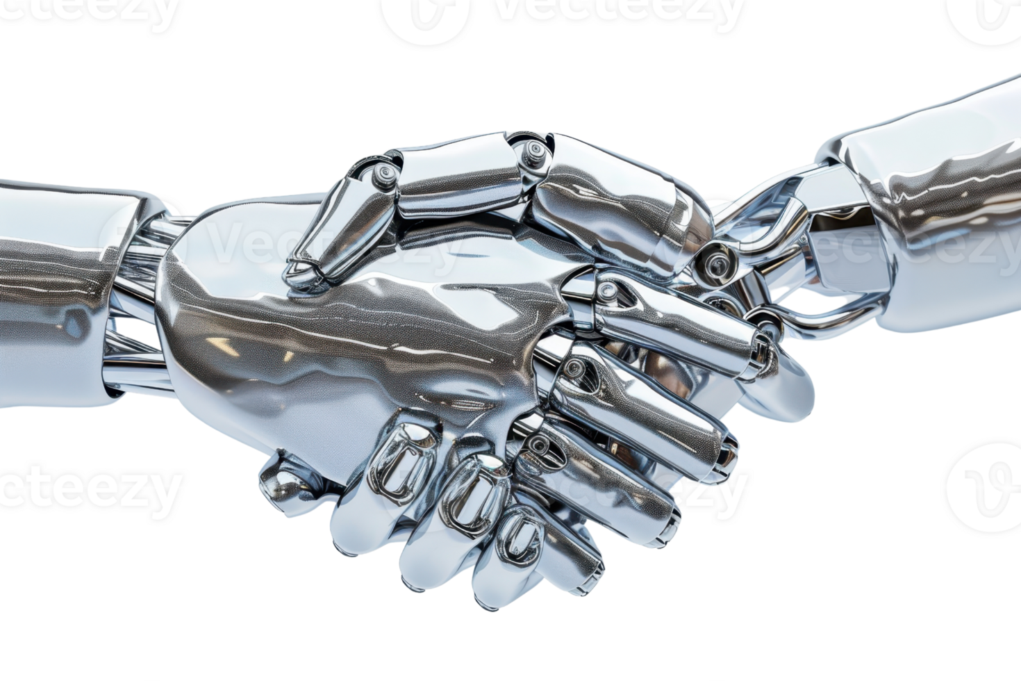 Close-up of two robotic hands shaking. Symbol of technology, cooperation, future, and artificial intelligence. png