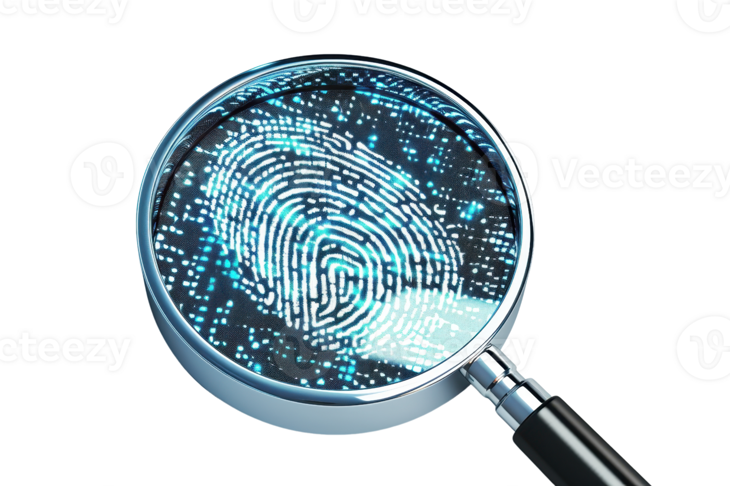 Magnifying glass examining a digital fingerprint representing security, forensic analysis, and biometric technology. png