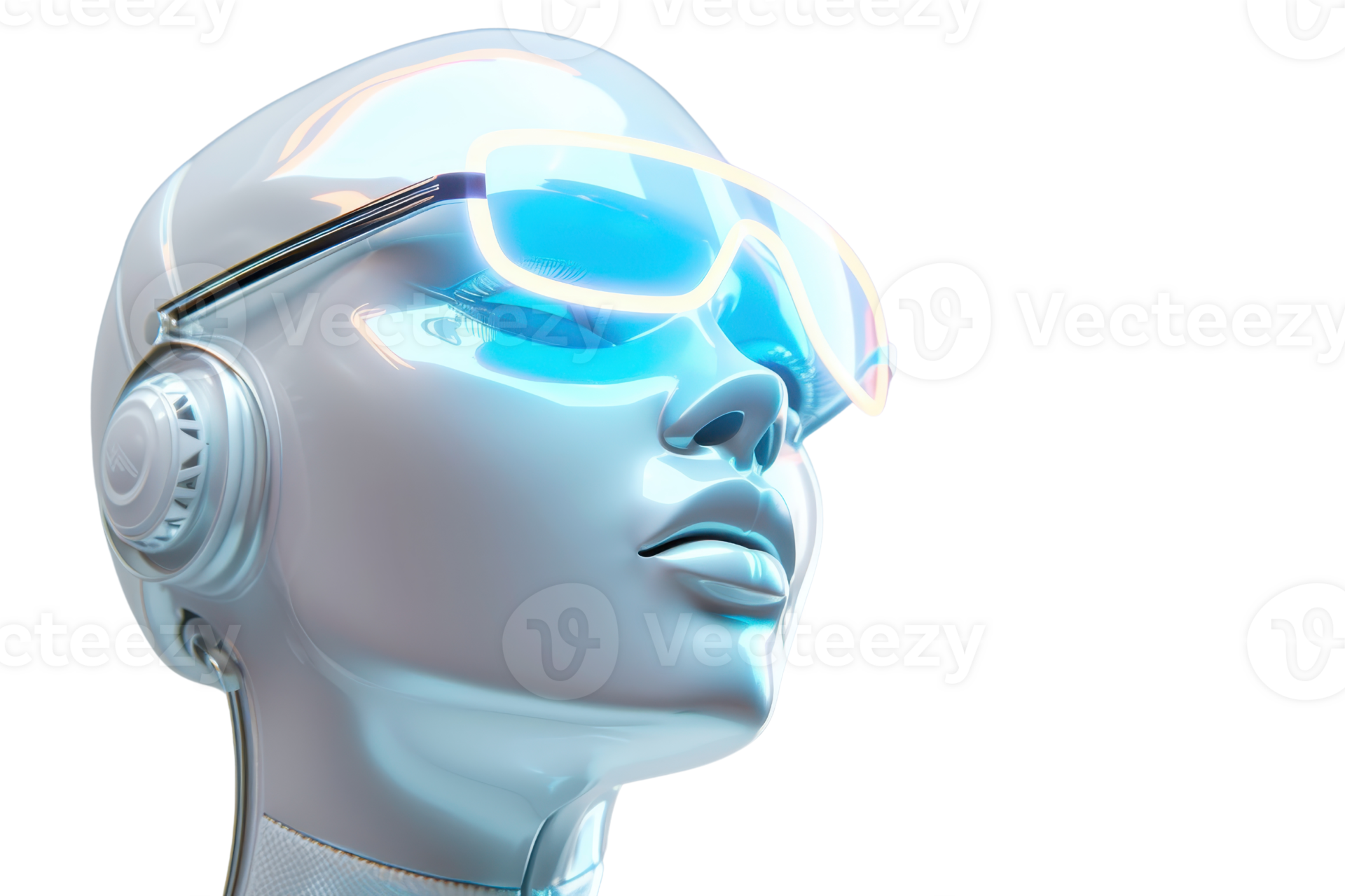 Futuristic robot with advanced VR headset and headphones, representing