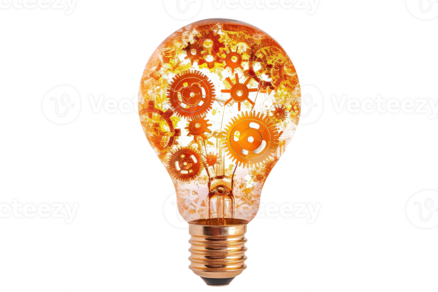 Creative light bulb with gears and mechanical components inside, symbolizing innovation and engineering. Isolated on transparent background. png