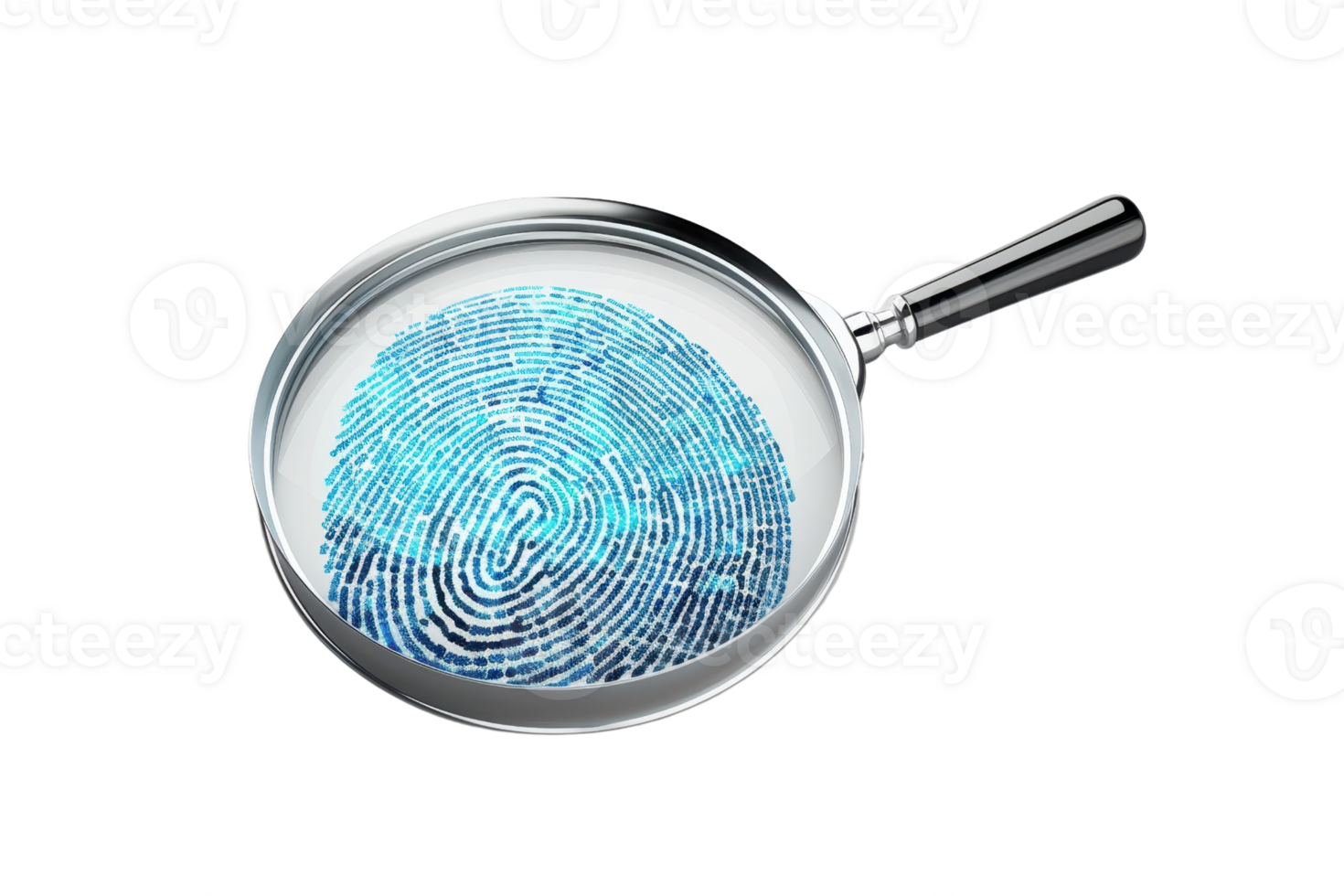 Close-up of a fingerprint under a magnifying glass, representing forensic analysis, investigation, and identity verification. png