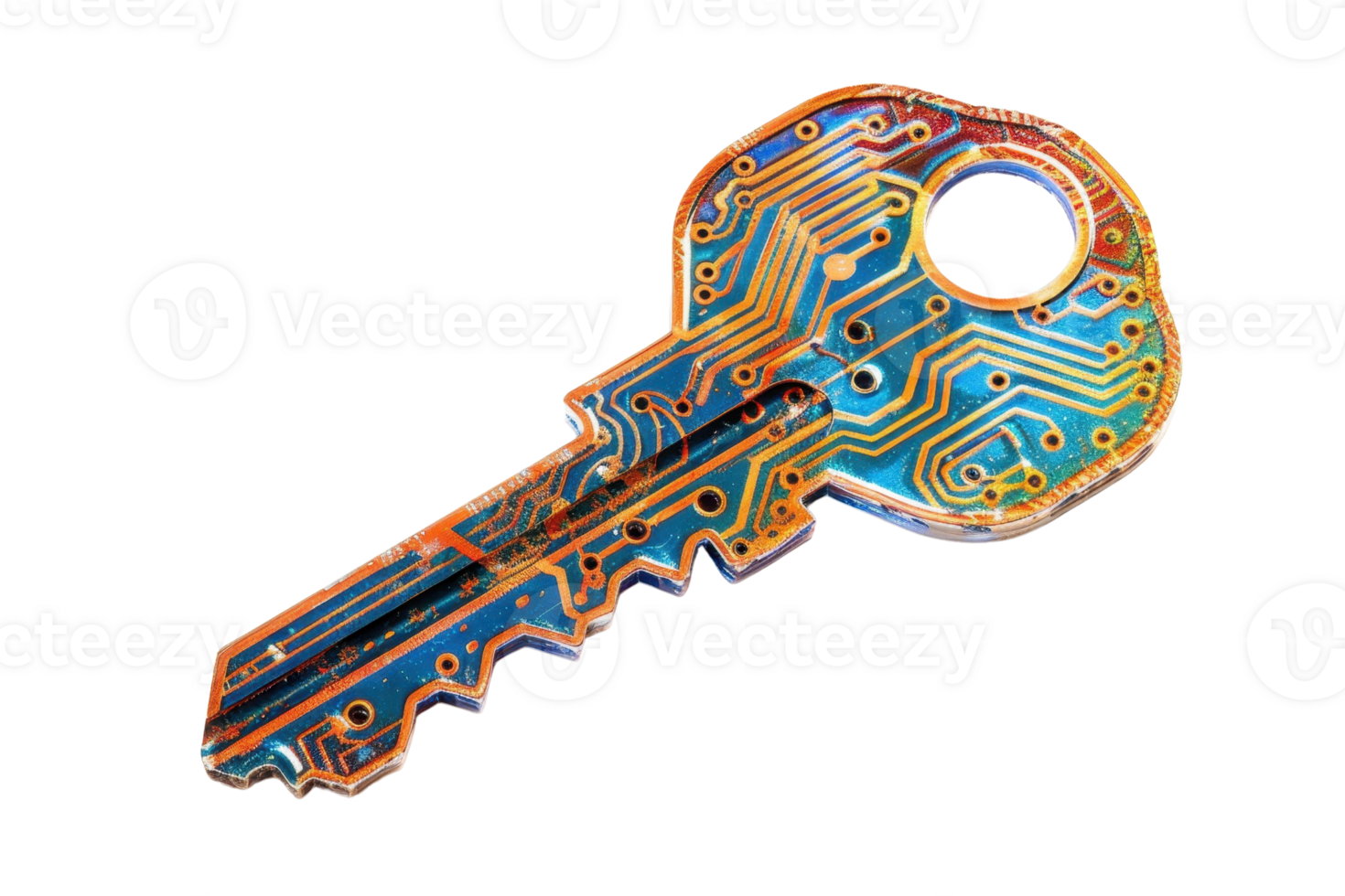 Close-up of a futuristic key with an integrated circuit board design, symbolizing technology and digital security in a colorful style. png