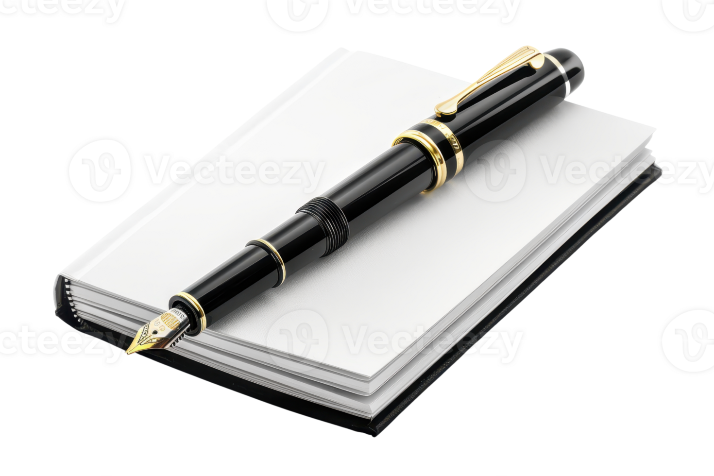 Elegant black fountain pen placed on an open blank notebook, perfect for writing, journaling, or business tasks. High-quality stationery. png