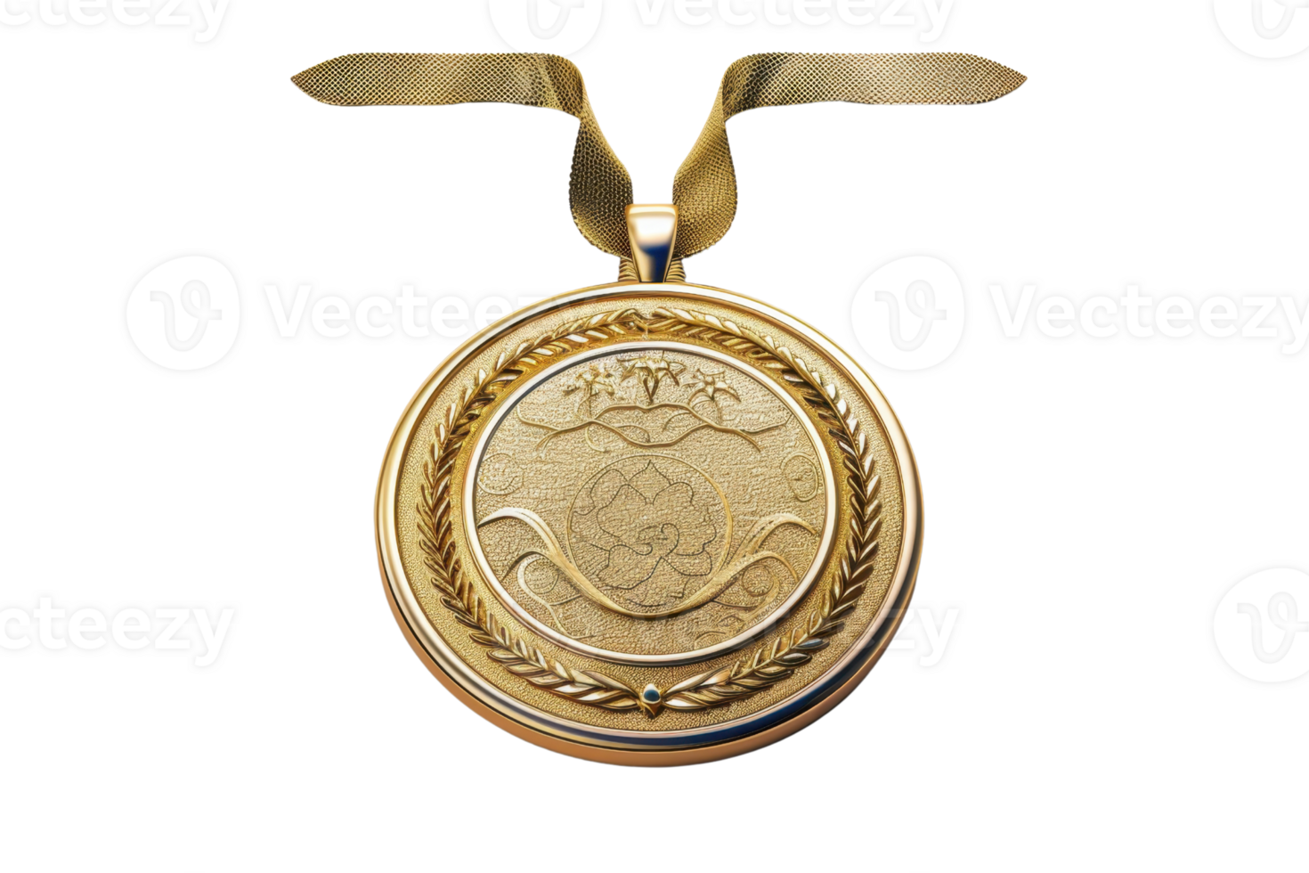 Close-up of a gold medal with ornate design and ribbon, symbolizing achievement and excellence. Ideal for awards, recognition, and celebration. png
