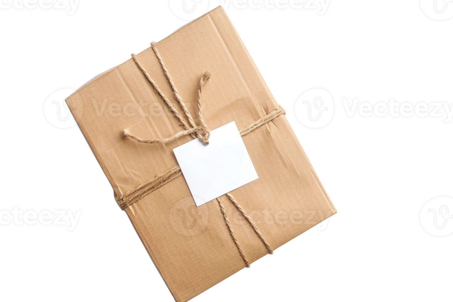 Simple eco-friendly brown paper package tied with string and blank white label perfect for gift presentations or deliveries. png