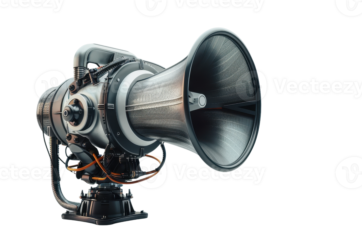 A powerful and futuristic industrial megaphone with intricate details, isolated on a transparent background. ideal for technology and machinery themes. png