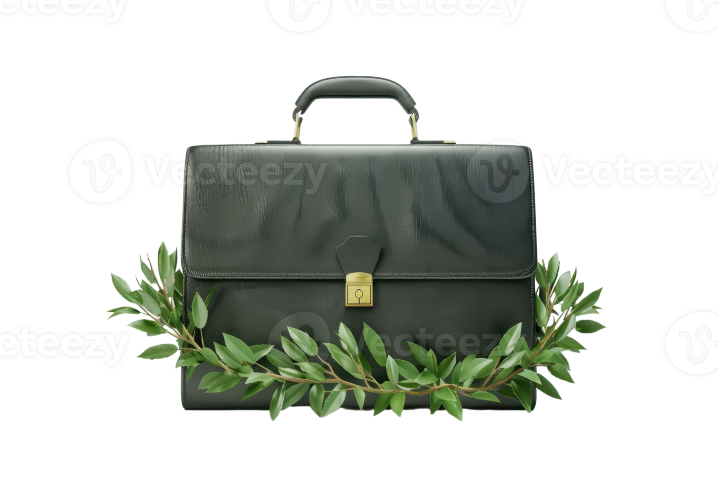 Elegant black leather briefcase with gold lock clasp, adorned with green laurel wreath, isolated on white. png