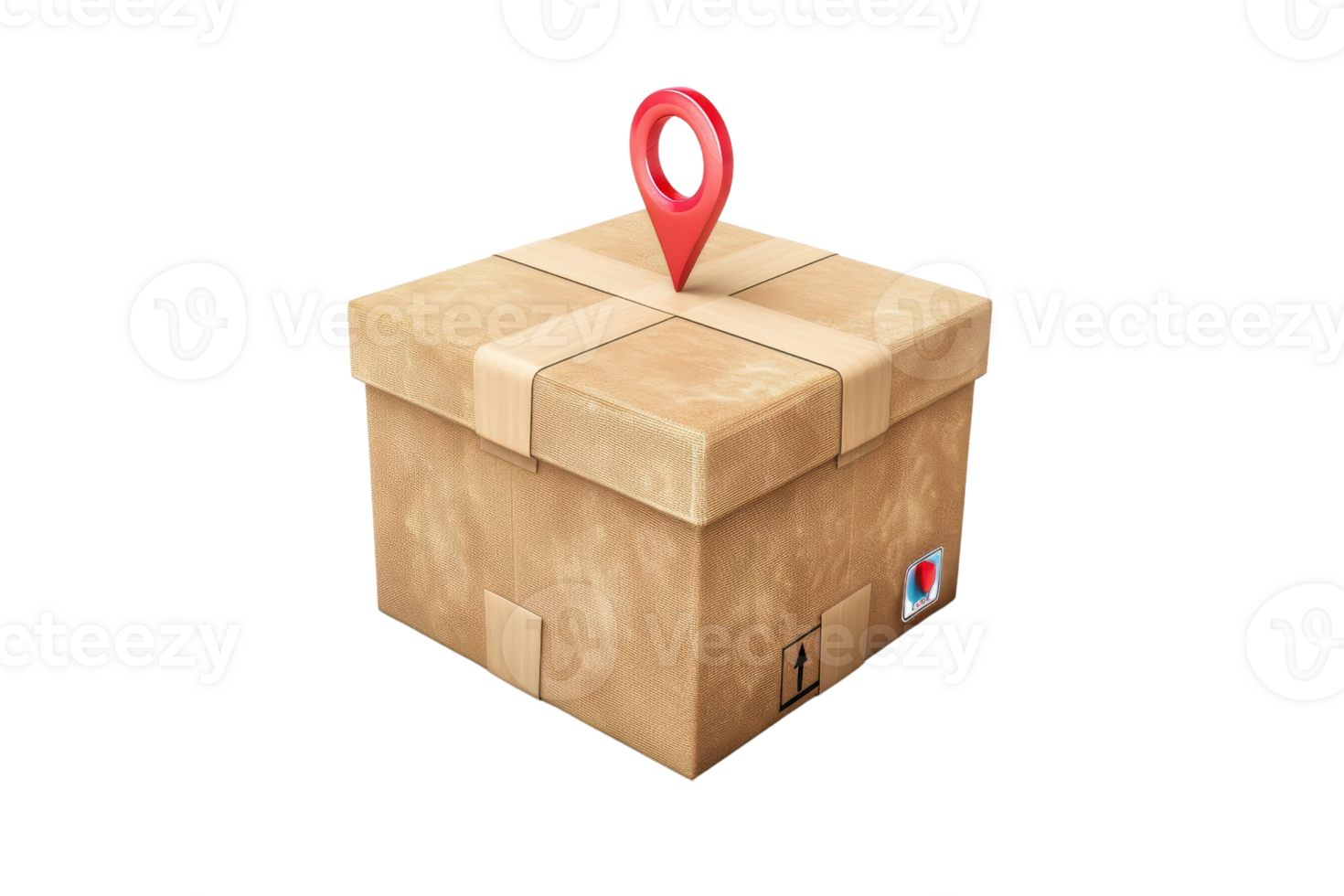 Cardboard box with a red location marker on top, symbolizing delivery and logistics services. transparent background. isolated, no shadow. png