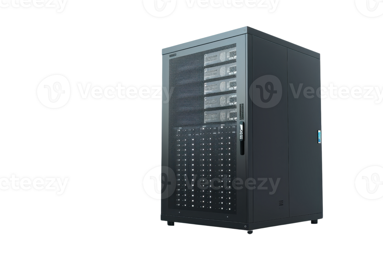 Professional server rack with multiple network servers isolated on transparent background. Ideal for IT infrastructure and data center visuals. png