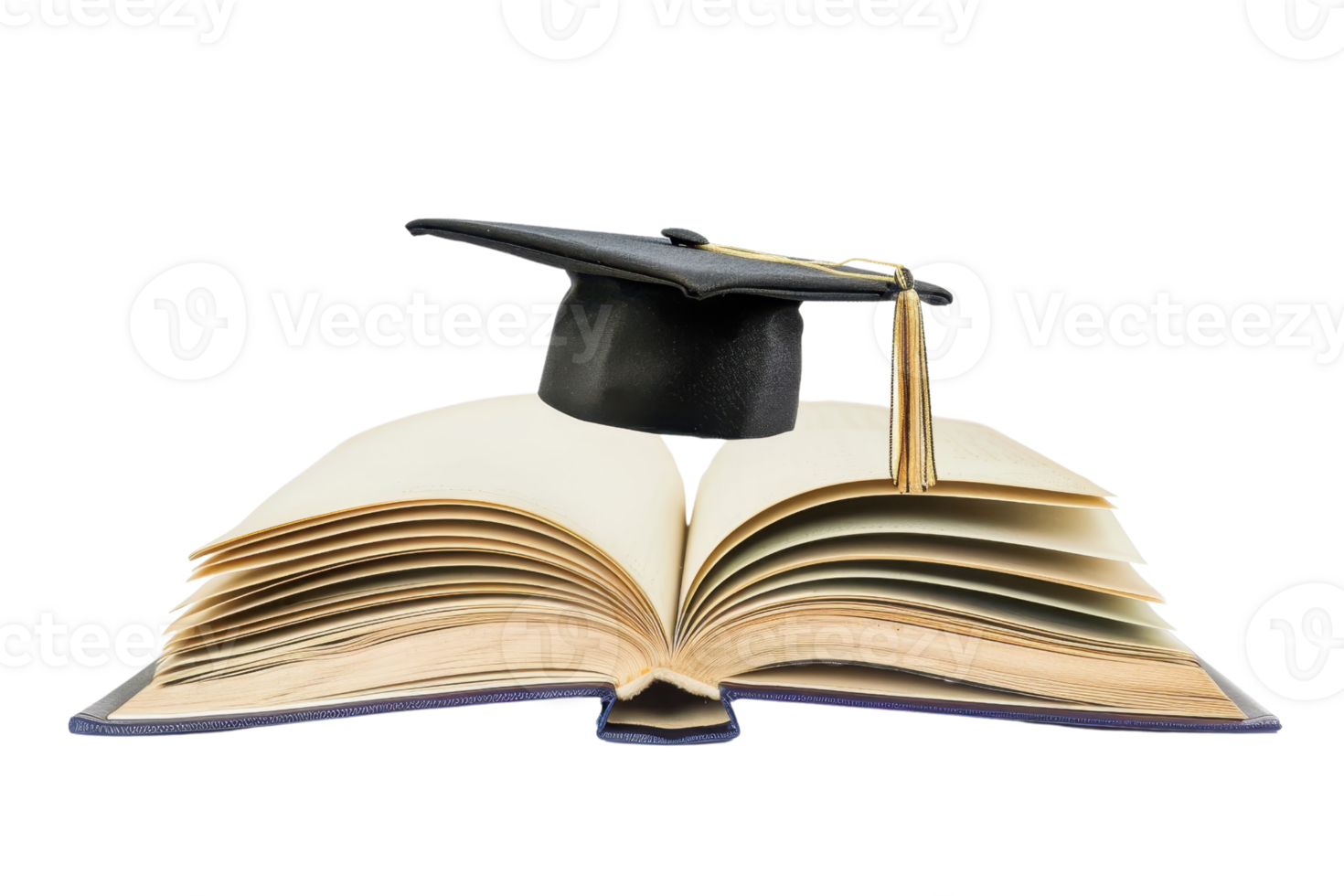 Open book with a graduation cap symbolizing education, learning, and academic achievement. Perfect for school and college themes. png