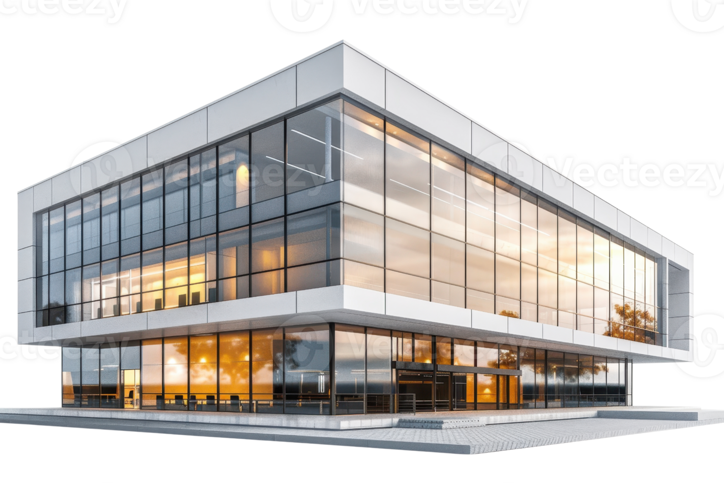 Modern glass office building with sleek architecture, reflecting natural light and surroundings, showcasing contemporary design and urban elegance. png