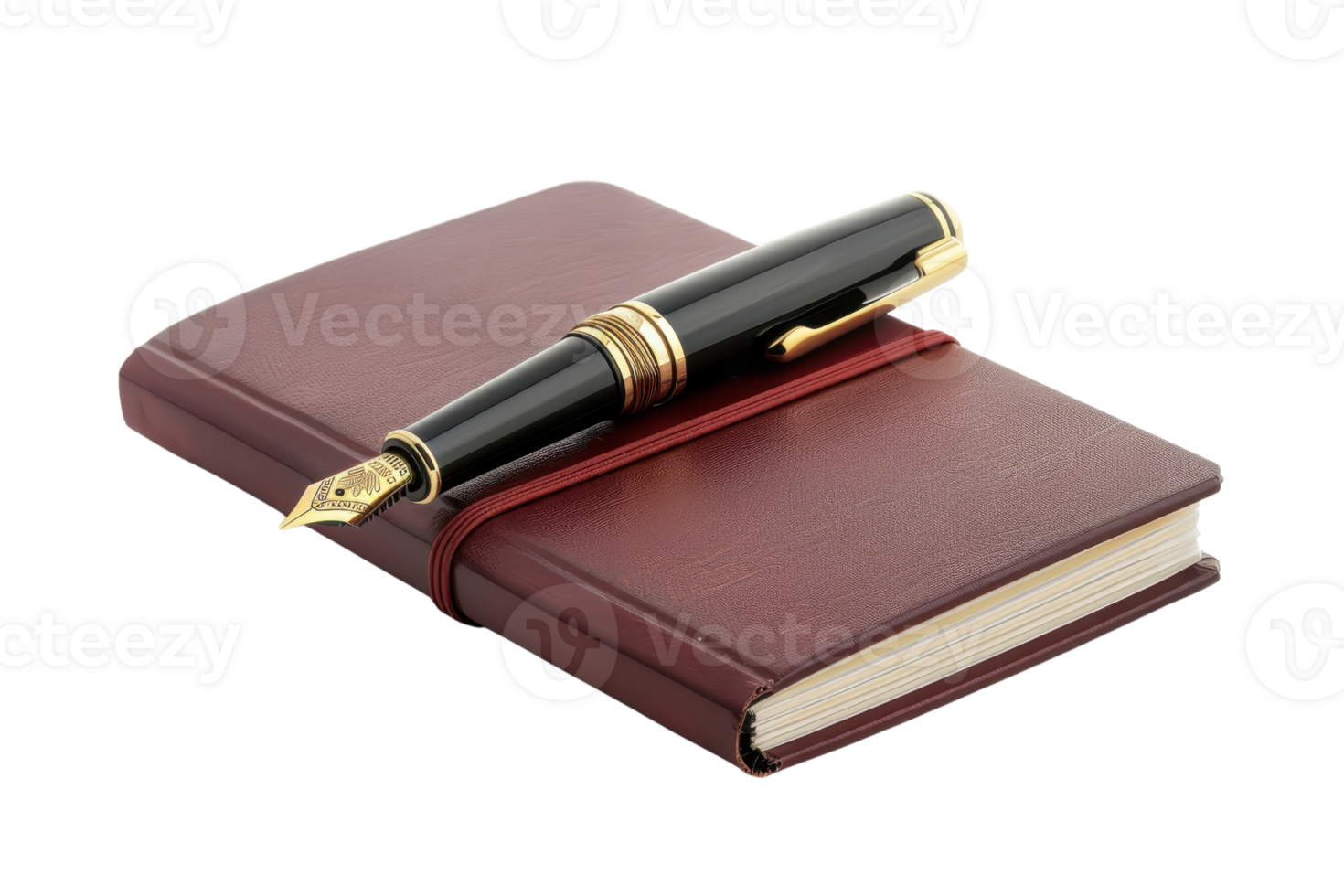 Elegant fountain pen resting on a closed leather journal, isolated on a transparent background. perfect for writing and stationary themes. png