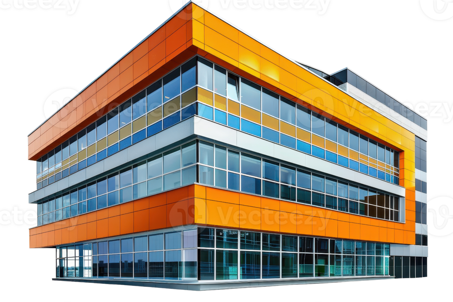 Modern multi-story commercial building with glass windows and vibrant orange accents, showcasing contemporary architectural design. png