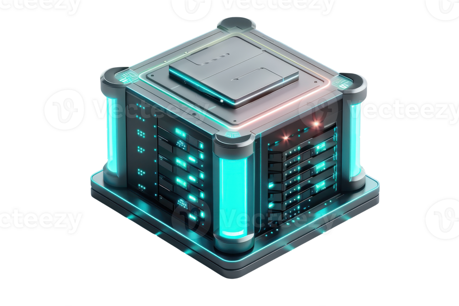 Futuristic glowing data server with neon lights, representing advanced technology and data storage solutions in a cyber environment. png