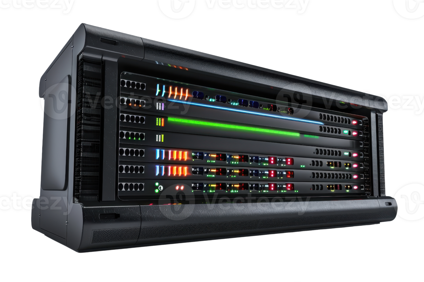 High-performance server rack with multiple servers for data center, featuring advanced technology and vibrant indicator lights. png